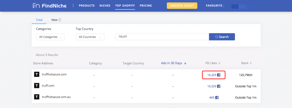 how to find a Shopify store's FB page through FindNiche -- FindNiche