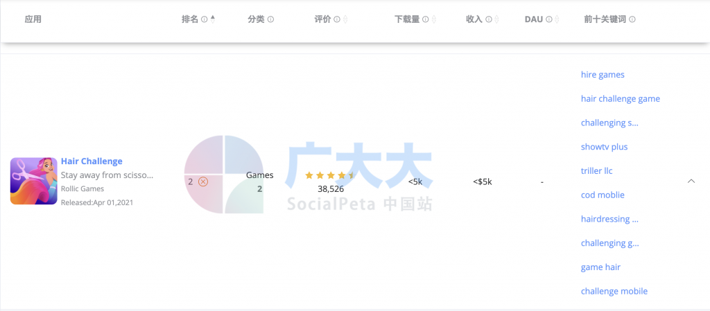 每个app的前十关键词一目了然
